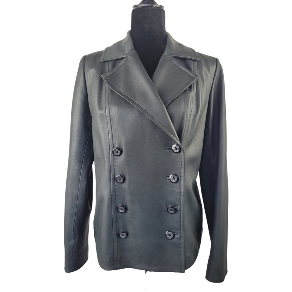 Alfani woman’s black 100% genuine leather buttoned blazer coat size M